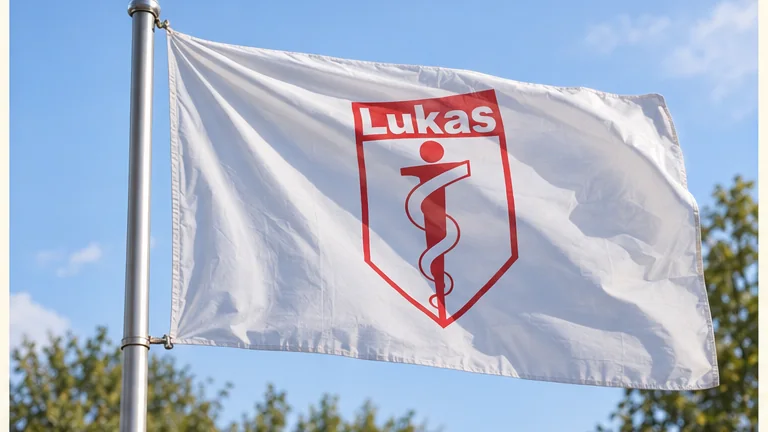 St.-Lukas-Fahne vor dem Standort des Pflegedienstes.