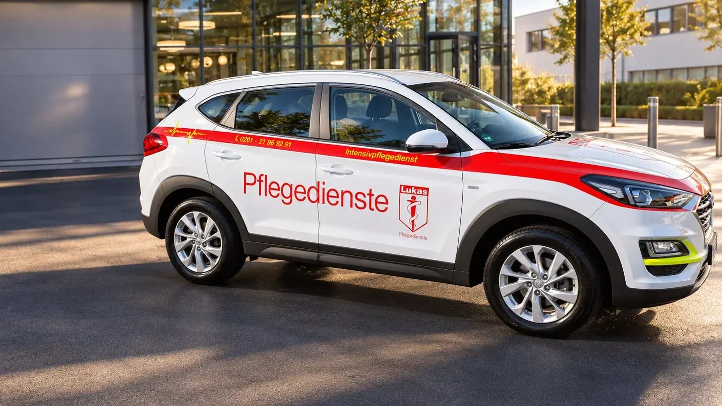 St.-Lukas-Pflegefahrzeug steht vor einem Klinikgebäude.