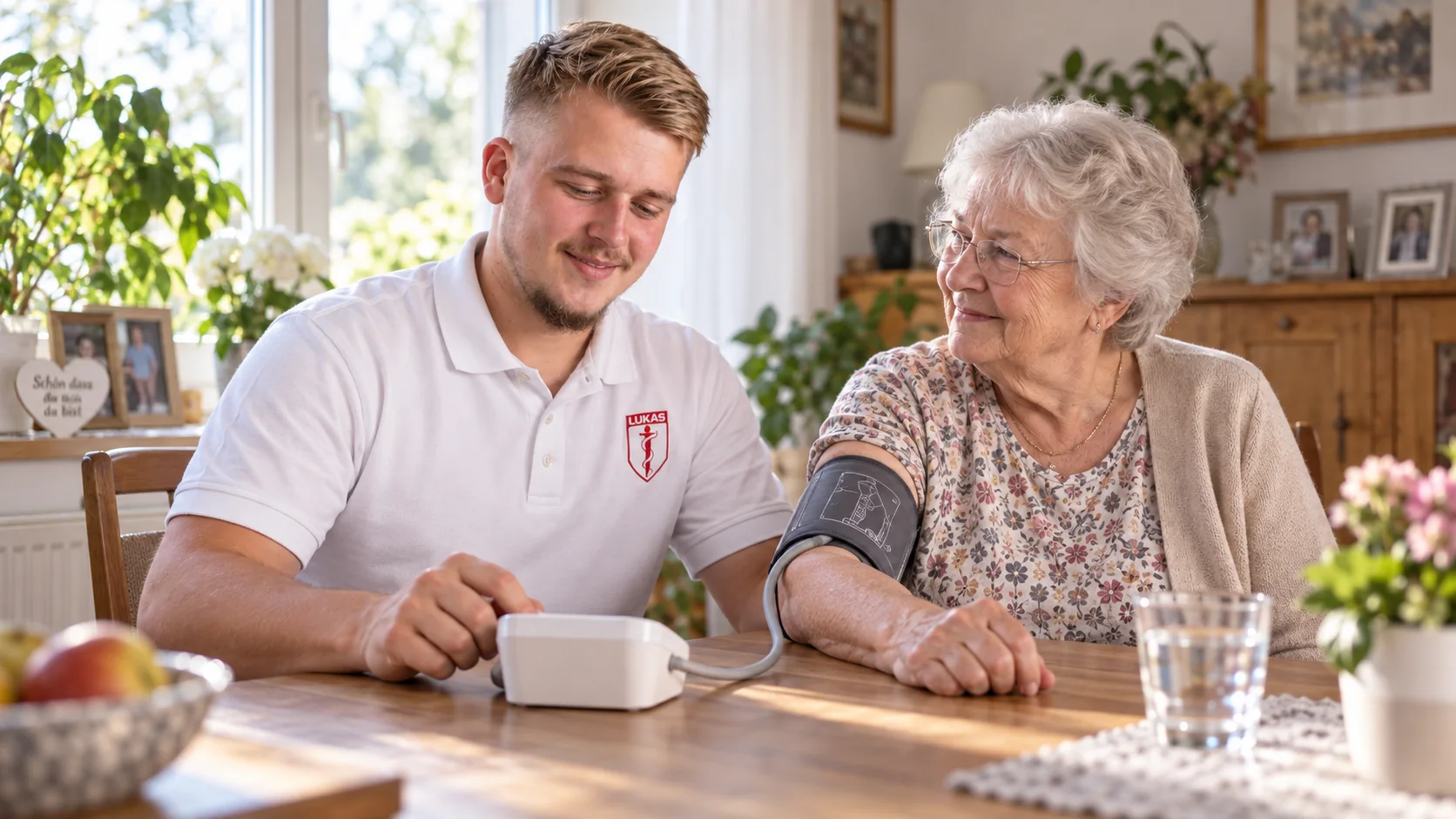 Pflegekraft und ältere Frau sprechen entspannt bei einer Tasse Kaffee.