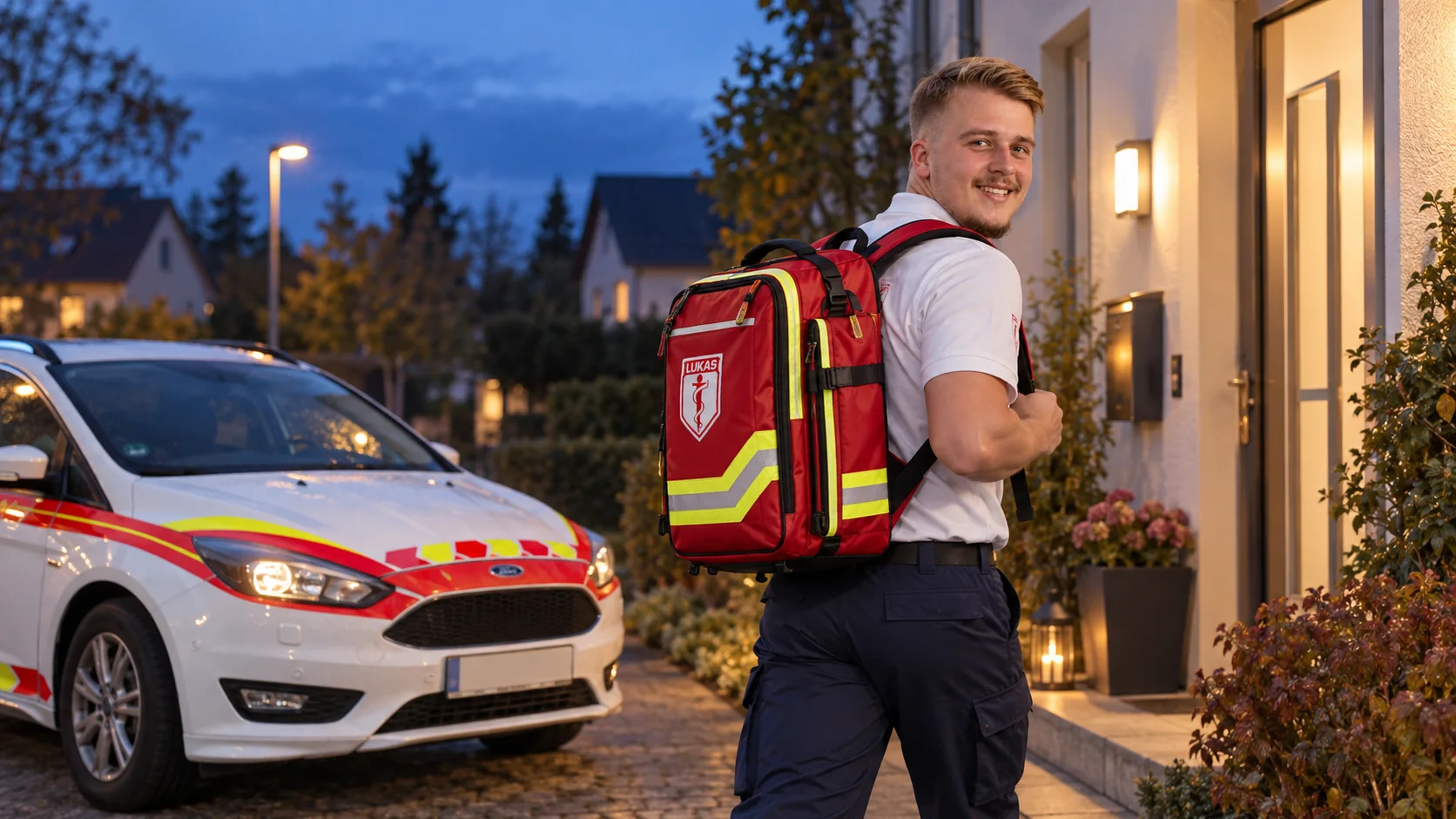 Pflegekraft kommt mit Pflegerucksack zu einem abendlichen Hausbesuch.