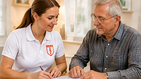 Pflegeberaterin bespricht mit einem älteren Mann Unterlagen zum Pflegegrad.