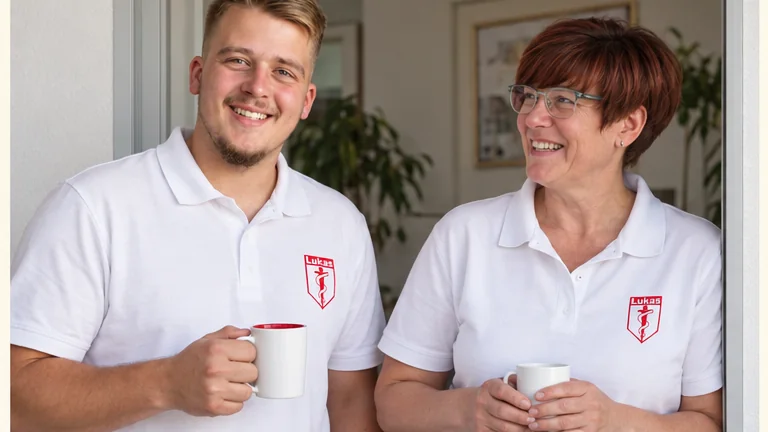 Zwei St.-Lukas-Mitarbeitende beraten sich im persönlichen Gespräch.