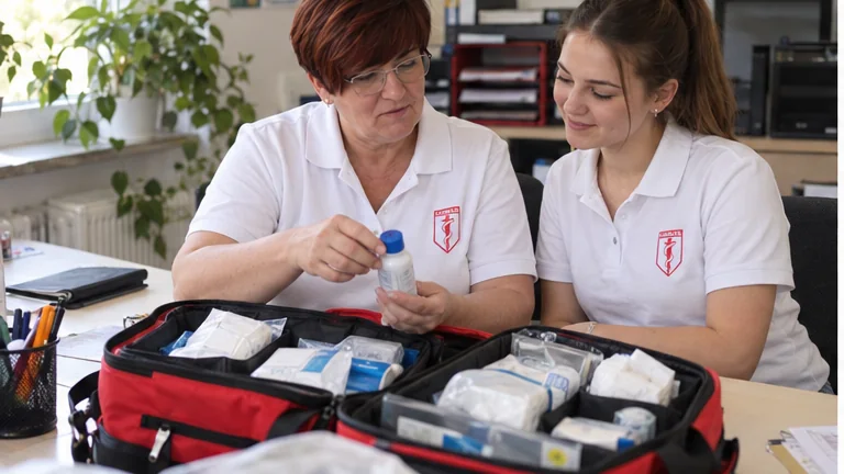 Zwei St.-Lukas-Pflegekräfte bereiten gemeinsam eine Pflegetasche vor.