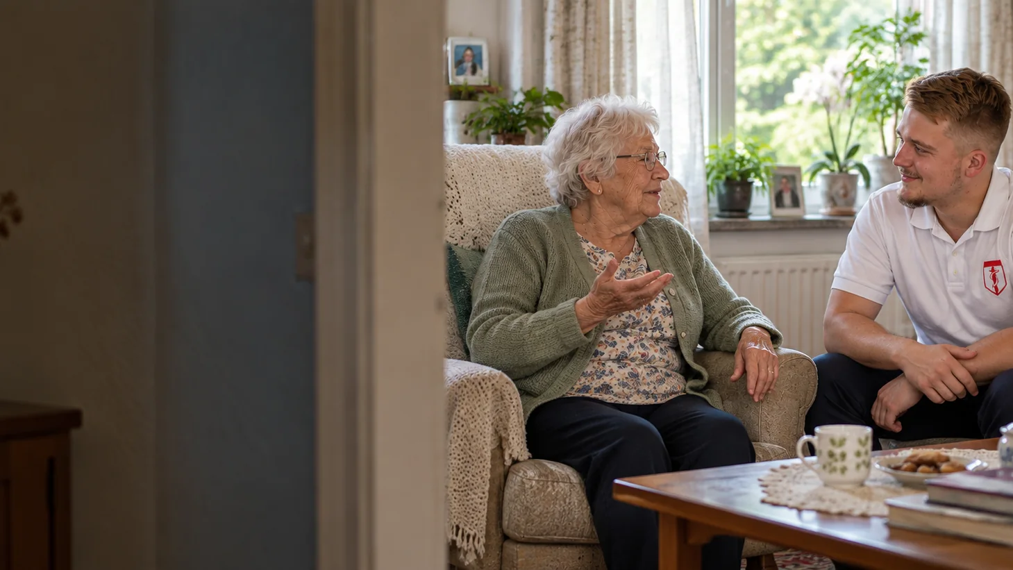 Pflegekraft führt im Wohnzimmer ein ruhiges Gespräch mit einer älteren Frau.