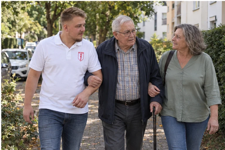 Pflegekraft begleitet einen älteren Mann und seine Angehörige bei einem Spaziergang.
