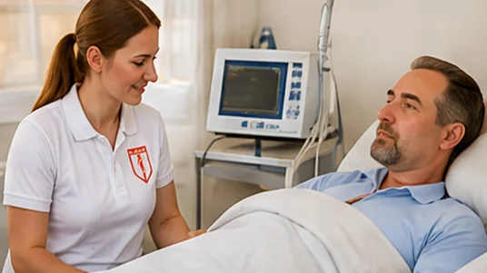 Pflegekraft begleitet einen Patienten bei der Intensivpflege zu Hause.