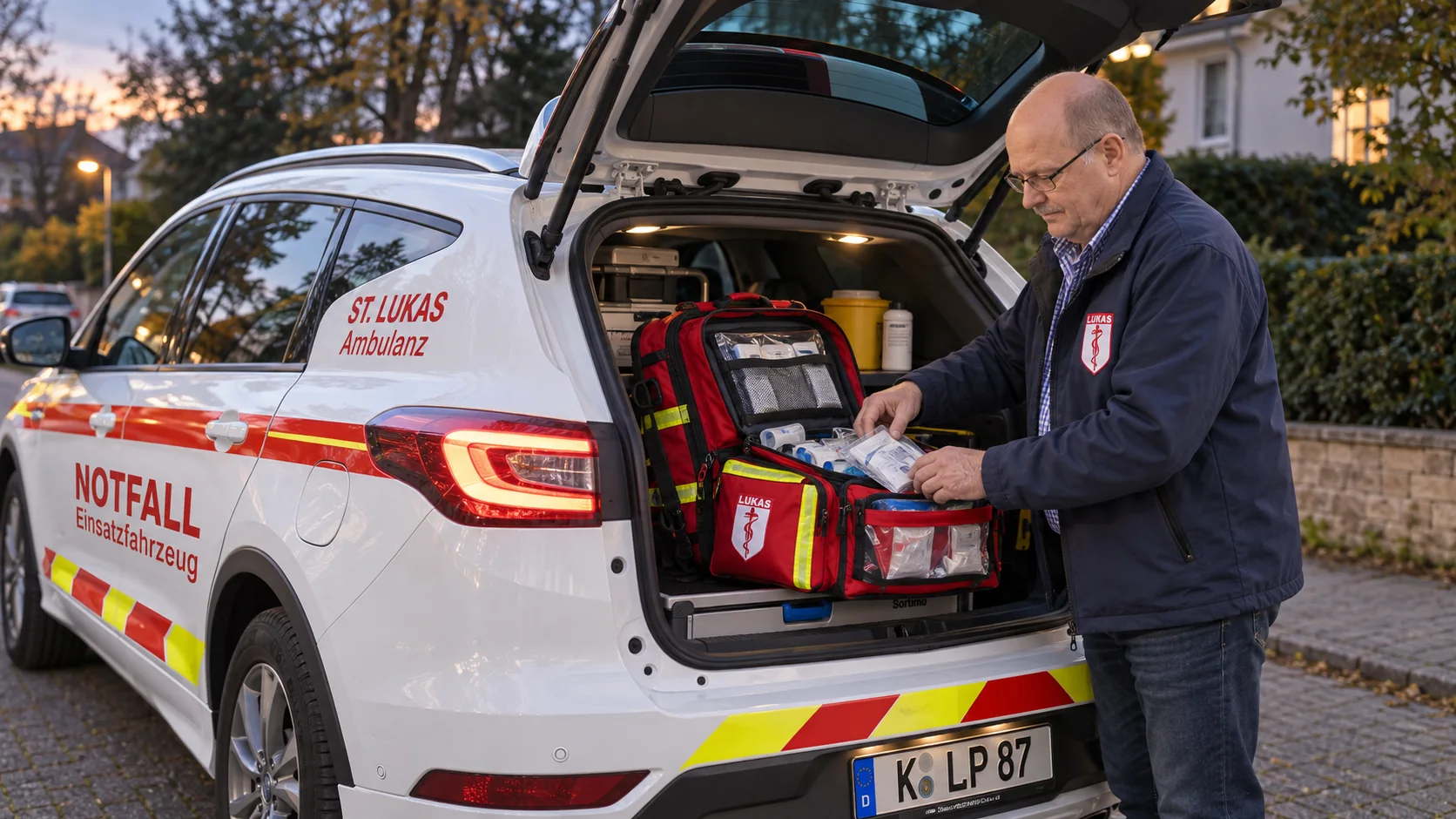 St.-Lukas-Mitarbeiter entnimmt eine Pflegetasche aus dem Einsatzfahrzeug.