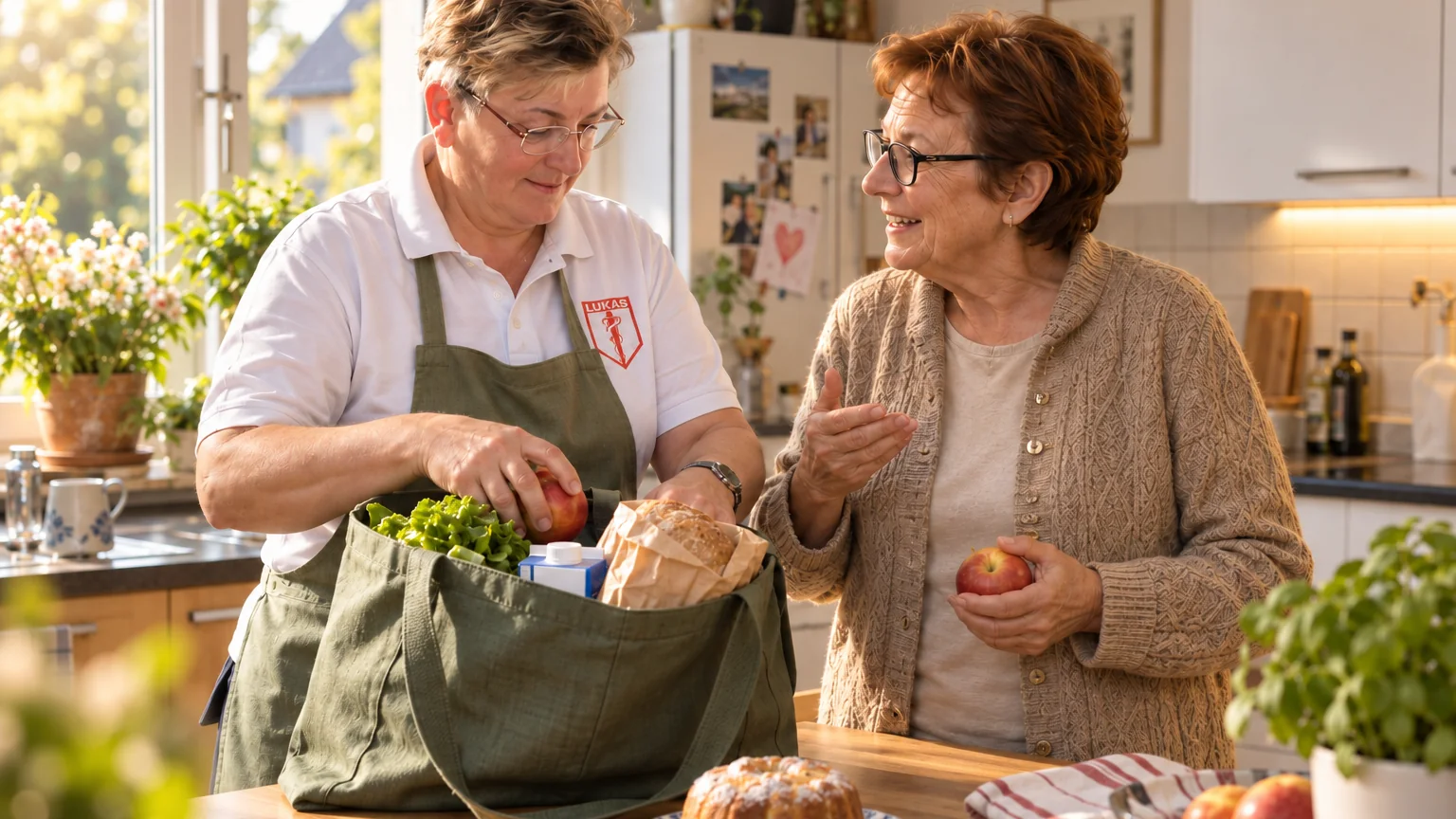 Pflegekraft hilft einer älteren Frau beim Auspacken ihrer Einkäufe.