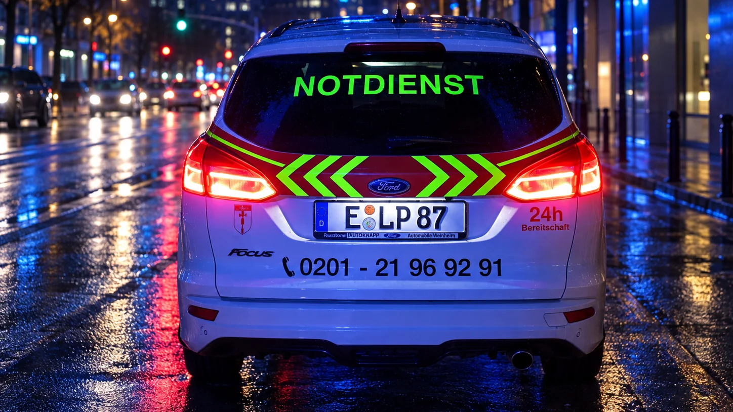 St.-Lukas-Notdienstfahrzeug steht bei Regen einsatzbereit im Stadtverkehr.