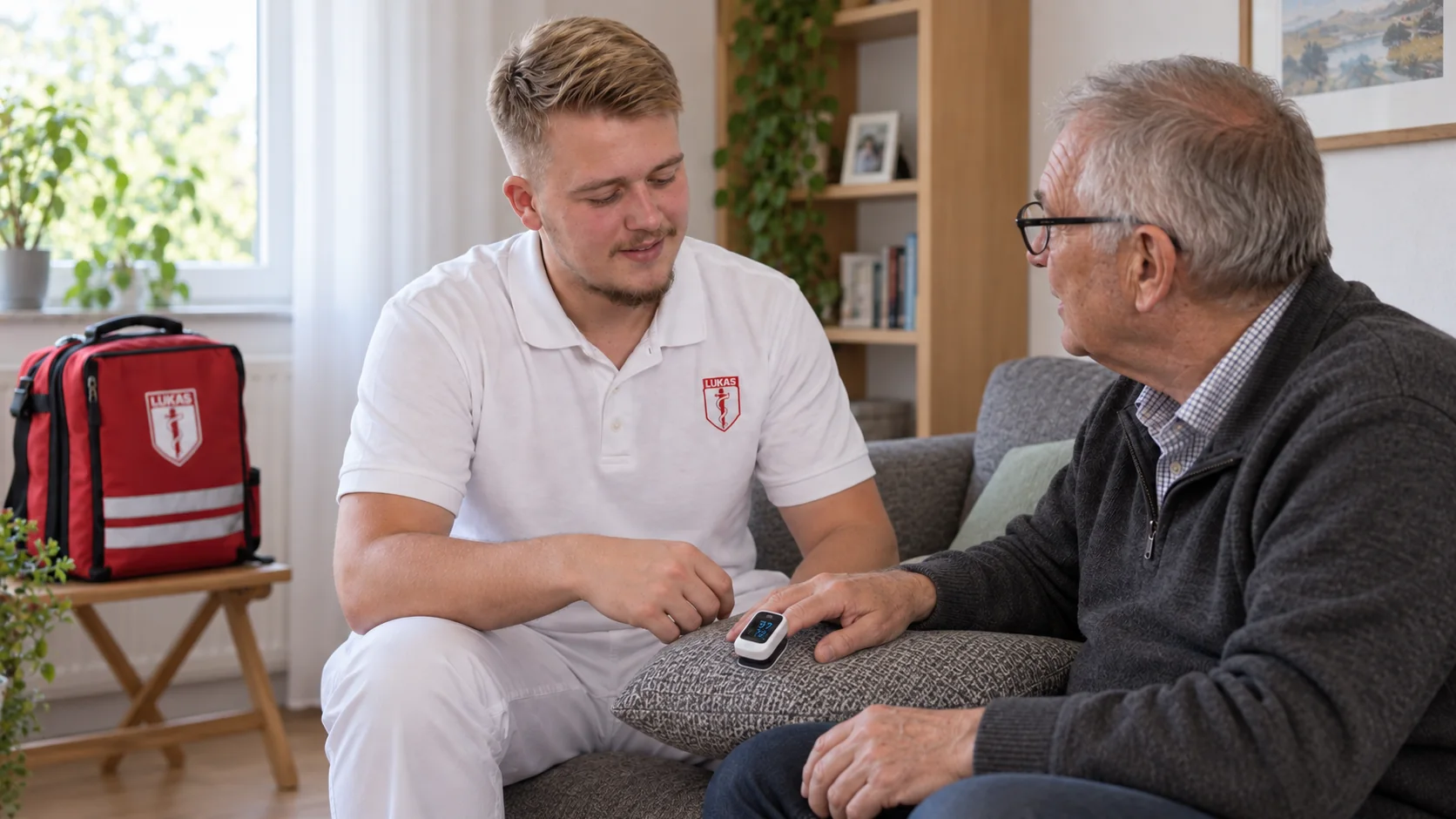 Pflegekraft unterstützt einen älteren Mann sicher beim Aufstehen zu Hause.