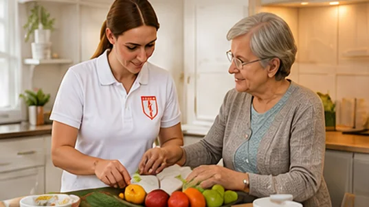 Pflegekraft und ältere Frau bereiten gemeinsam Gemüse in der Küche vor.