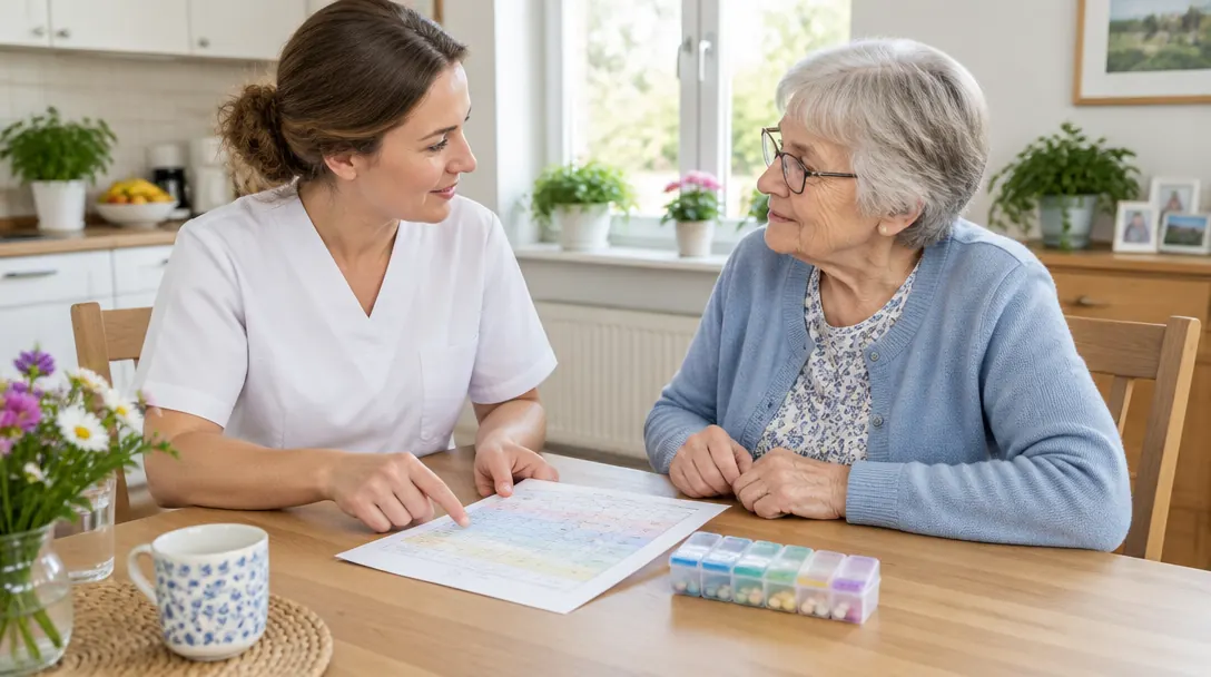 Pflegekraft erklärt einer älteren Frau einen Medikamentenplan und eine Wochen-Pillendose.